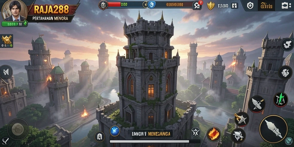 Screenshot menunjukkan aksi menara menghadapi gelombang musuh di RAJA288.